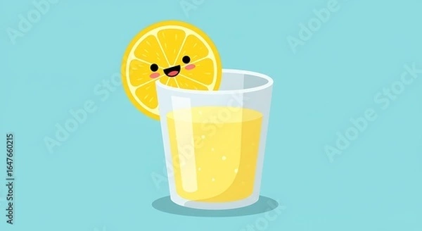 Fototapeta Cartoon lemon slice with glass of juice illustration on cyan background