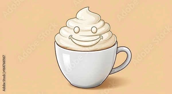 Fototapeta Smiling whipped cream in a white mug illustration for food and beverage concepts