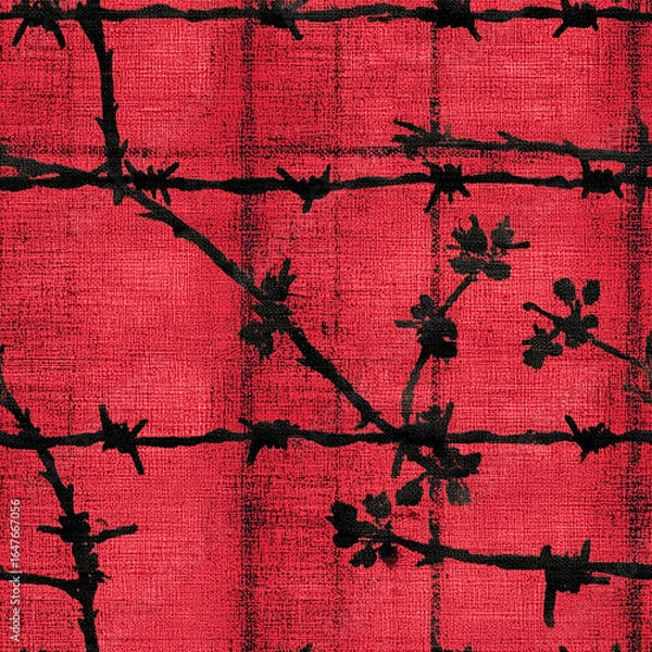Fototapeta Barbed wire silhouette pattern | black barbed branches on red linen texture | punk grunge aesthetic | fabric design