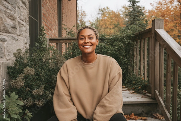Fototapeta Smiling woman in plain tan crewneck sweatshirt sitting outdoors on wooden porch steps with autumn foliage in background | Lifestyle portrait | Apparel catalog or branding use