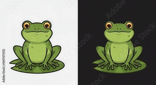 Fototapeta Cartoon frog sitting on lily pad vector illustration with green and yellow