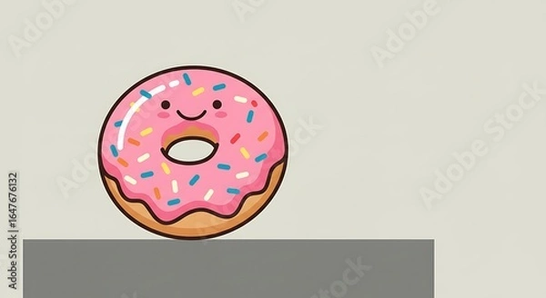 Fototapeta Happy donut with pink frosting and sprinkles on a neutral background