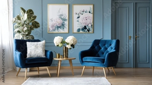 Fototapeta flowers on wooden table between blue armchairs in living room interior with posters real photo no logos no brands ar 169