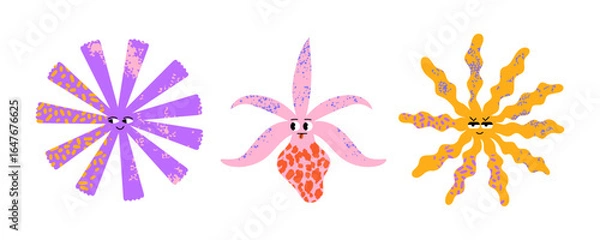 Fototapeta Abstract figures of flowers with different emotions. Quirky shape set with textures. Vector illustration for stickers, poster, cover.