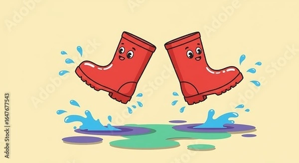 Fototapeta Cartoon rain boots jumping in puddles playful vector illustration