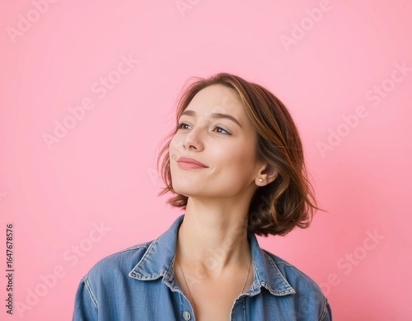 Fototapeta Portrait of a young woman in a denim jacket looking up against a pink background in a studio shot
