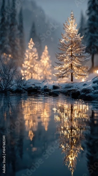 Fototapeta Snowy forest landscape at dusk with illuminated Christmas trees and serene water reflections