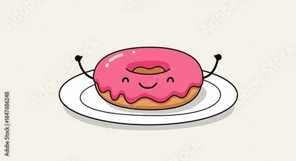 Fototapeta Cheerful pink frosted donut character on plate vector illustration