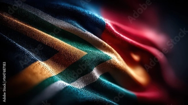 Fototapeta South African flag waving in the wind, showcasing its vibrant colors and unique pattern during a sunny day