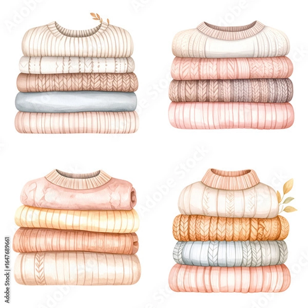 Obraz Watercolor set of folded knitted sweaters on transparent background