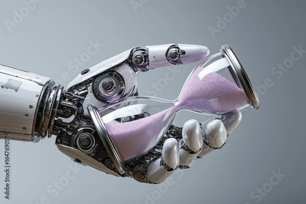 Fototapeta Android white metal robot hand holding a sand clock with pastel purple sand in its fingers on a metal grey background. Concept of AI artificial intelligence technology and business. 