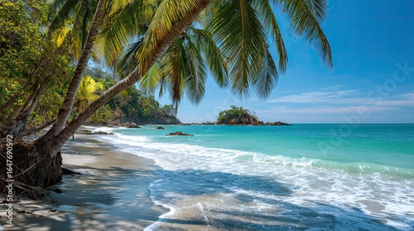 Fototapeta Relaxing Costa Rica Beach Scene with Golden Sand, Turquoise Water, and Swaying Palm Trees