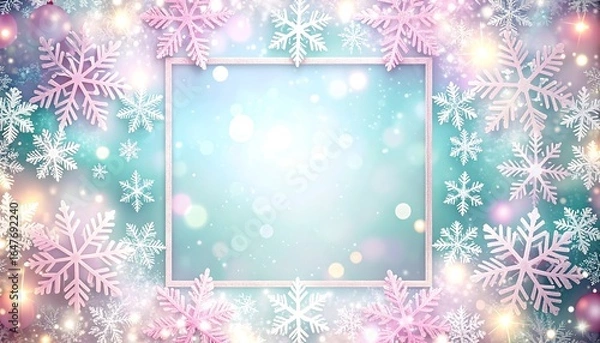 Fototapeta Festive winter background with snowflakes and lights