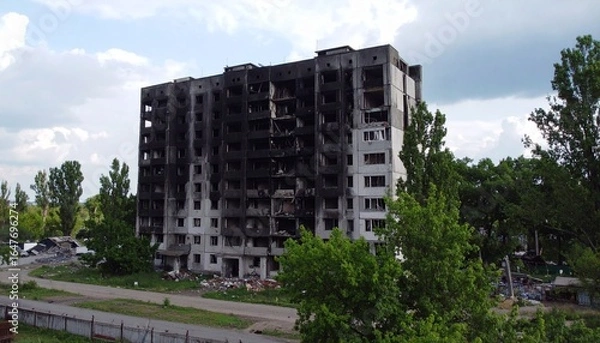 Fototapeta Charred apartment building stands as somber reminder of destruction amid green trees
