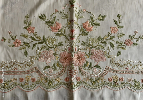 Obraz Embroidered floral design on white fabric featuring pink flowers, green leaves, and decorative stitching.