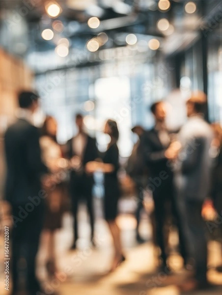 Fototapeta a blurred networking event with business professionals in formal attire gathered in a modern office or event space engaging in conversation
