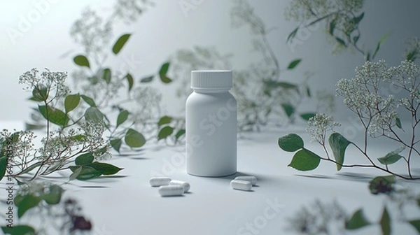 Obraz Blank white supplement bottle surrounded by greenery