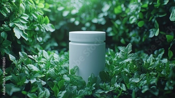 Obraz Blank white cylindrical container amidst lush greenery