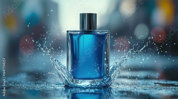 Obraz Blue perfume bottle, water splash