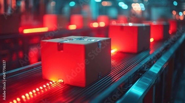 Obraz Cardboard boxes on a conveyor belt, illuminated by red lights.  Industrial setting