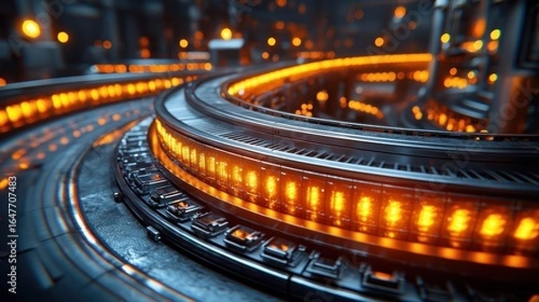 Obraz Circular, metallic mechanism with glowing orange lights.  Industrial, futuristic design