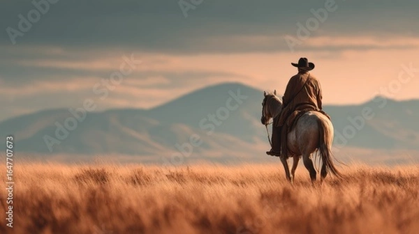 Obraz Cowboy on horseback gazing into the distant mountains during sunset in a serene grassland