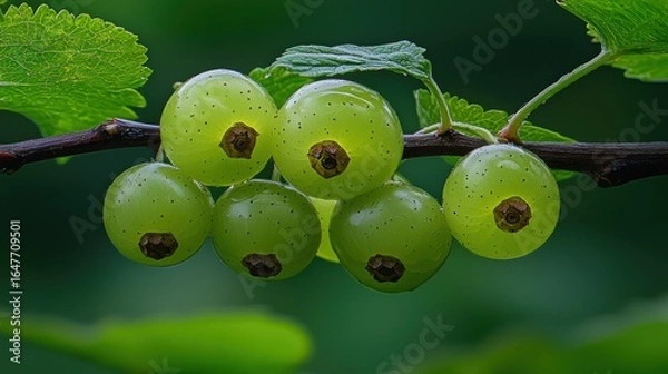 Obraz Close-up of a cluster of vibrant green currants on a branch, with blurred green foliage in the background