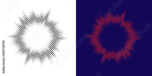 Fototapeta Halftone circle frame background set. Round border Icon using halftone random circle. Grunge circular stain. Vector illustration.