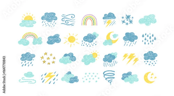 Fototapeta Crayon icons of weather, clouds and sun in sky. Doodle clouds with rain, lightning, snow, storm with chalk texture. Cute summer and winter weather icons drawn with crayon pencils, vector illustration