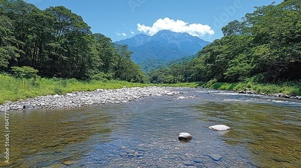 Obraz Clear river flows through lush valley, mountain backdrop