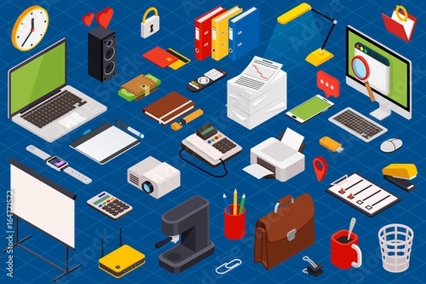 Obraz Flat 3d isometric computerized technology workspace infographic concept - vector illustration