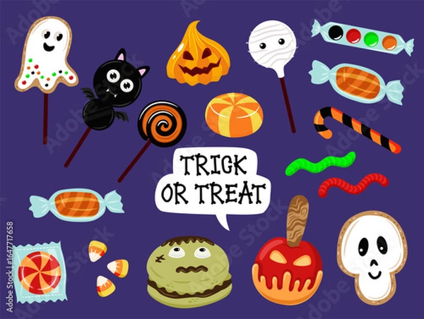 Fototapeta Halloween candy set. Vector set of sweet treat for Halloween. Cake, lollipop, marmalade, cookie in the shape of scary characters.