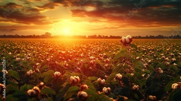Fototapeta Cotton field at sunset.  Golden light bathes a vast field of cotton plants,  with fluffy white bolls.  Dramatic clouds fill the sky