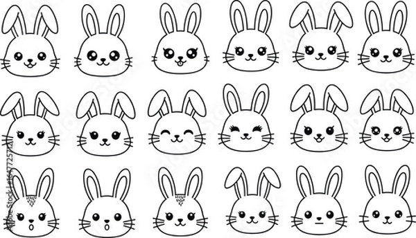 Obraz Cute bunny faces line art set, cartoon rabbit heads collection, kawaii animal illustrations, simple black and white vector icons, adorable pet design
