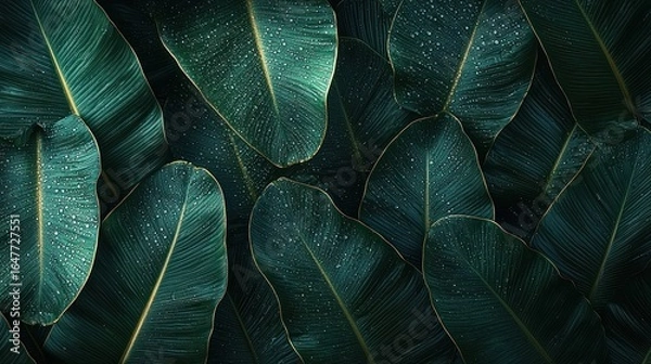Obraz Deep green tropical leaves, water droplets, overlapping pattern