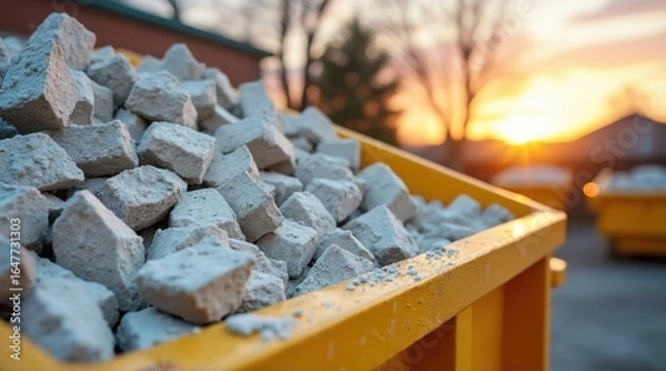 Fototapeta Rubble in a construction dumpster, a large pile of concrete and debris fills a bin at sunset, symbolizing waste management and demolition cleanup.