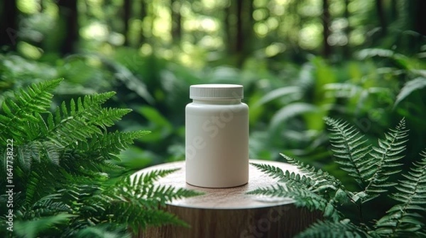 Fototapeta Empty white plastic bottle on a wooden stump amidst lush ferns in a forest setting