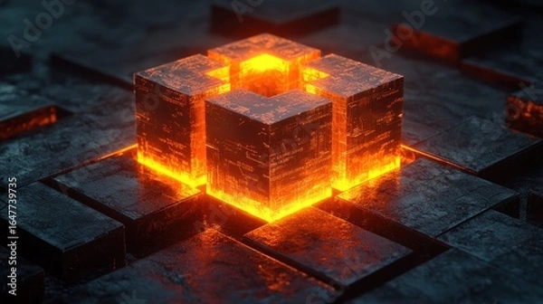 Obraz Fiery glowing cube embedded in a dark, metallic matrix