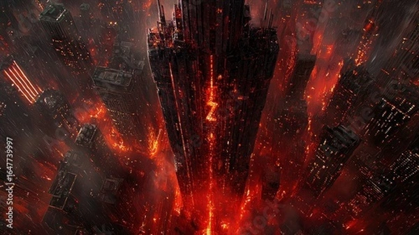 Fototapeta Fiery, apocalyptic cityscape. Towering dark structure