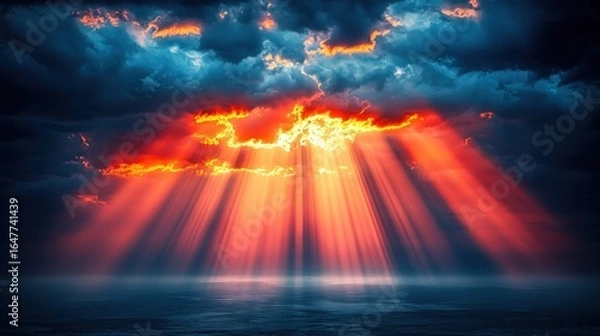 Fototapeta Fiery sunset rays piercing dark clouds over a still sea