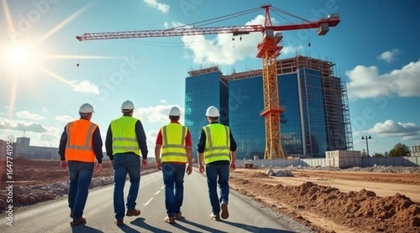 Fototapeta Construction team walking on site, a group of workers walk away from a modern building under construction with a crane, symbolizing professional teamwork, collaboration