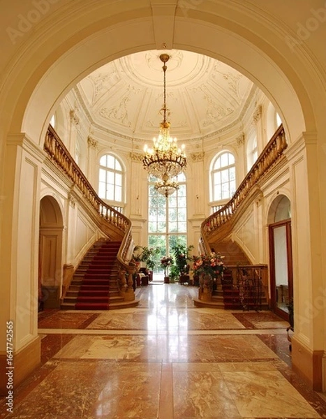 Fototapeta Elegant Architectural Staircase with Chandelier in Luxurious Interior Space