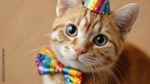 Fototapeta Cat wearing colorful bowtie with wide eyes for adorable pet humor and reaction Image 4K UHD