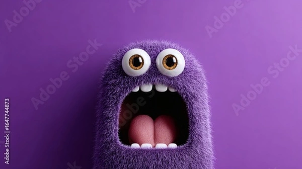 Fototapeta Purple monster plushie with wide shocked eyes in studio comic character shot Image 4K UHD