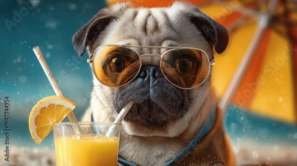 Fototapeta Pug with sunglasses and drink posing for summer vacation meme Image 4K UHD