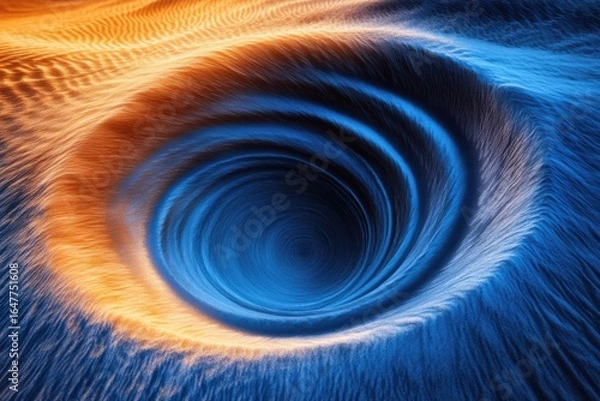 Fototapeta Abstract swirling vortex of blue and orange hues, resembling a cosmic whirlpool or deep ocean current.