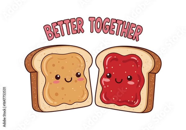 Fototapeta Cute peanut butter and jelly sandwich characters saying better together, isolated on white background