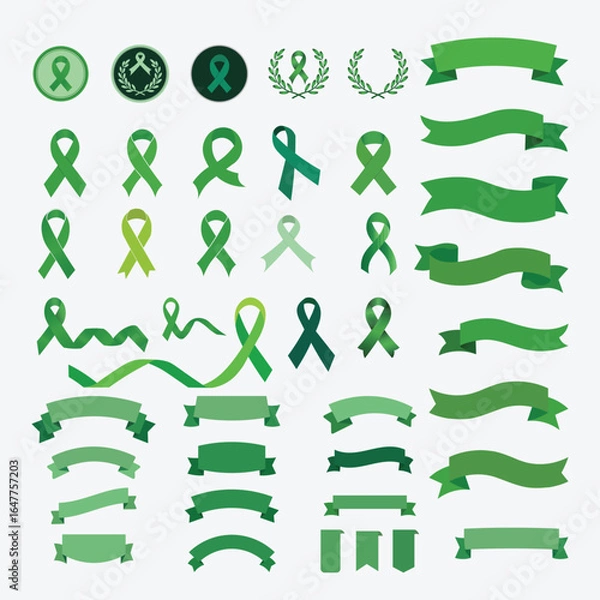 Obraz Collection of Green Ribbons Awareness Symbols and badges 