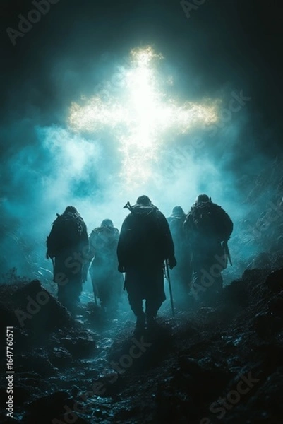 Fototapeta A group of shadowy figures walks through a mystical, foggy landscape illuminated by a radiant cross, embodying themes of faith, struggle, and perseverance.