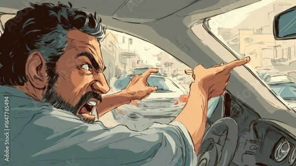 Fototapeta Shouting man in open car during high-speed drive with anger expression Image 4K UHD
